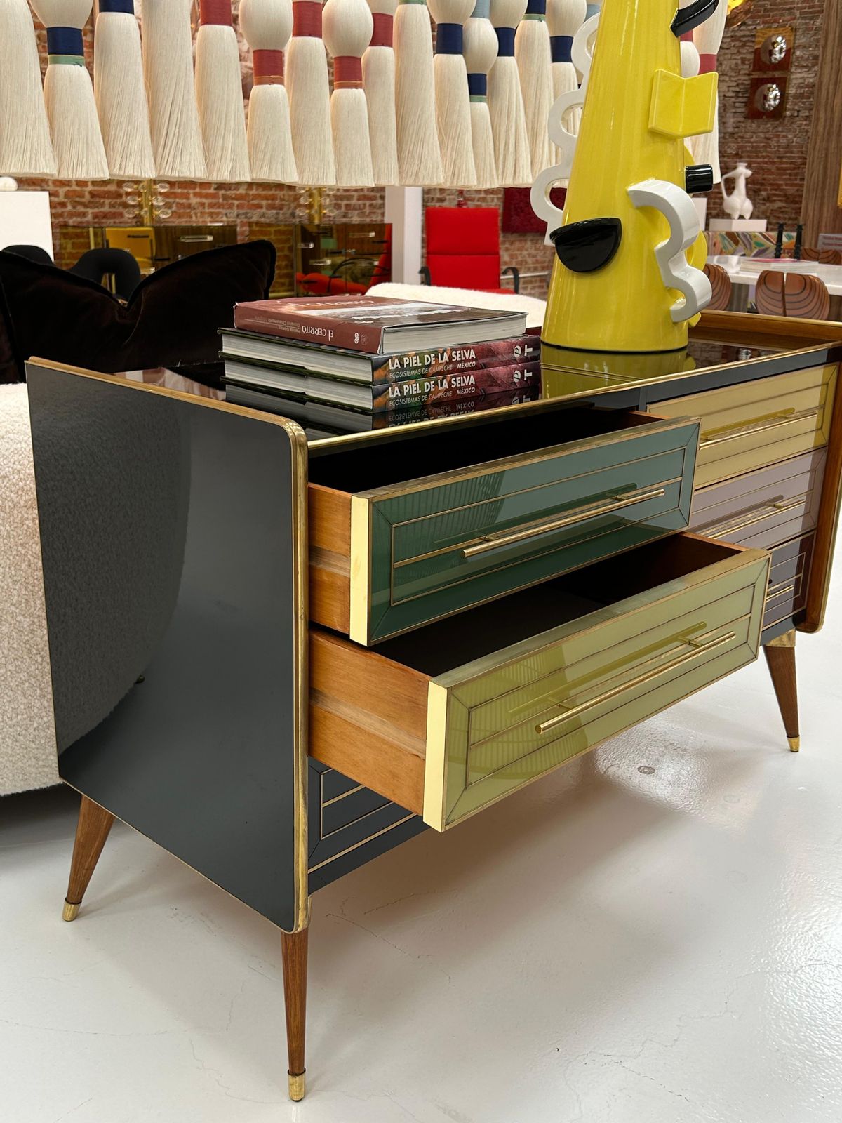 Italain Sideboard Made Of Solid Wood And Covered With Colored Glass 1950s photo 8660.0