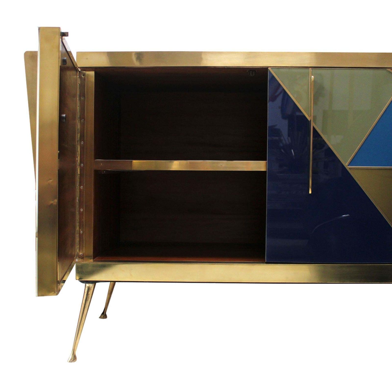 Mid Century Modern Style Italian Sideboard Made Of Wood Brass And Colored Glass photo vinterior