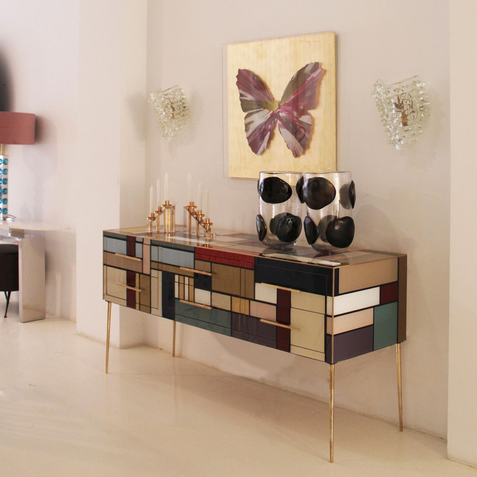 photo for sale Murano Coloured Glass And Brass Sideboard Composed Of 6 Drawers