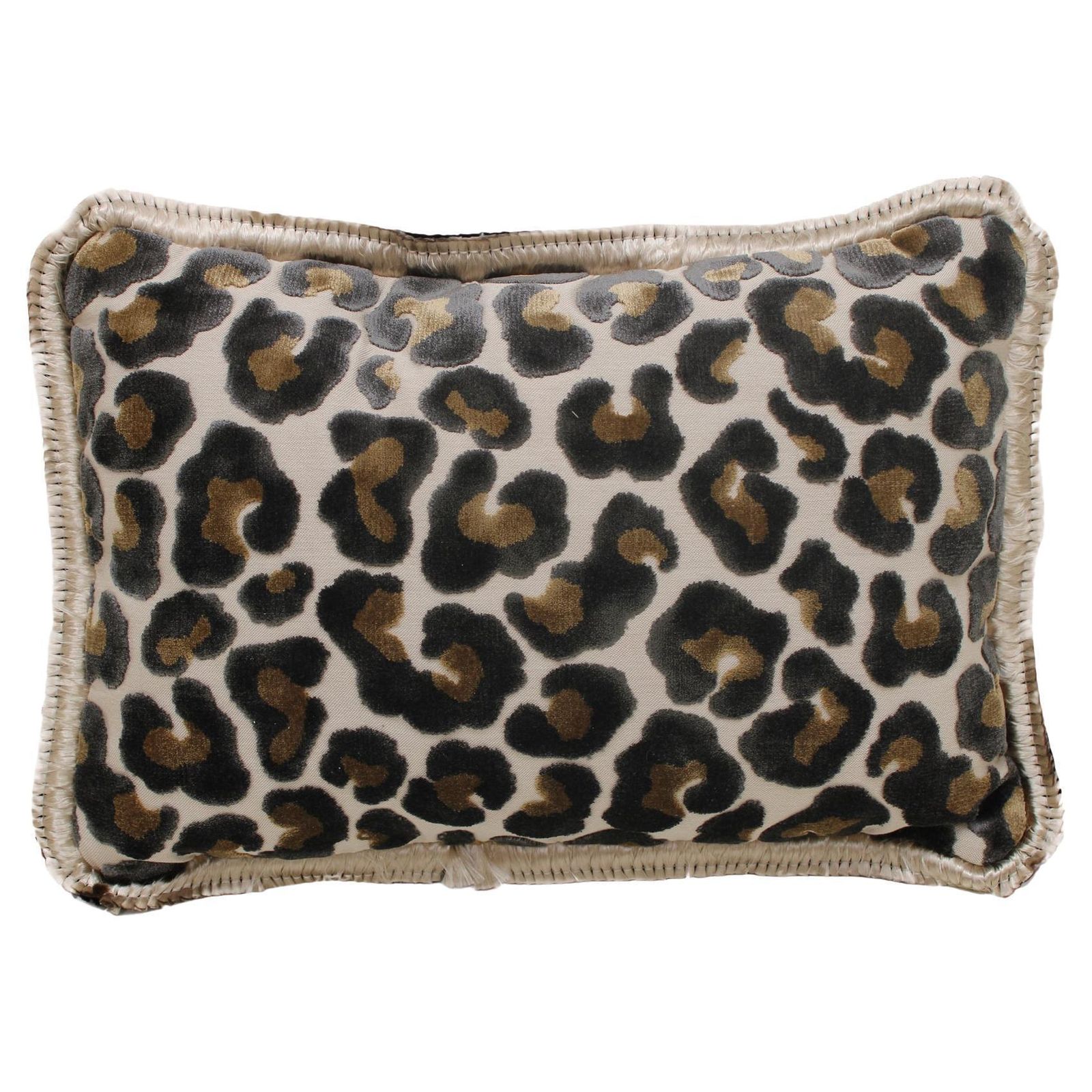 Leopard Print Velvet Cushion In Cotton With Double Tinsel Trim And Linen Back