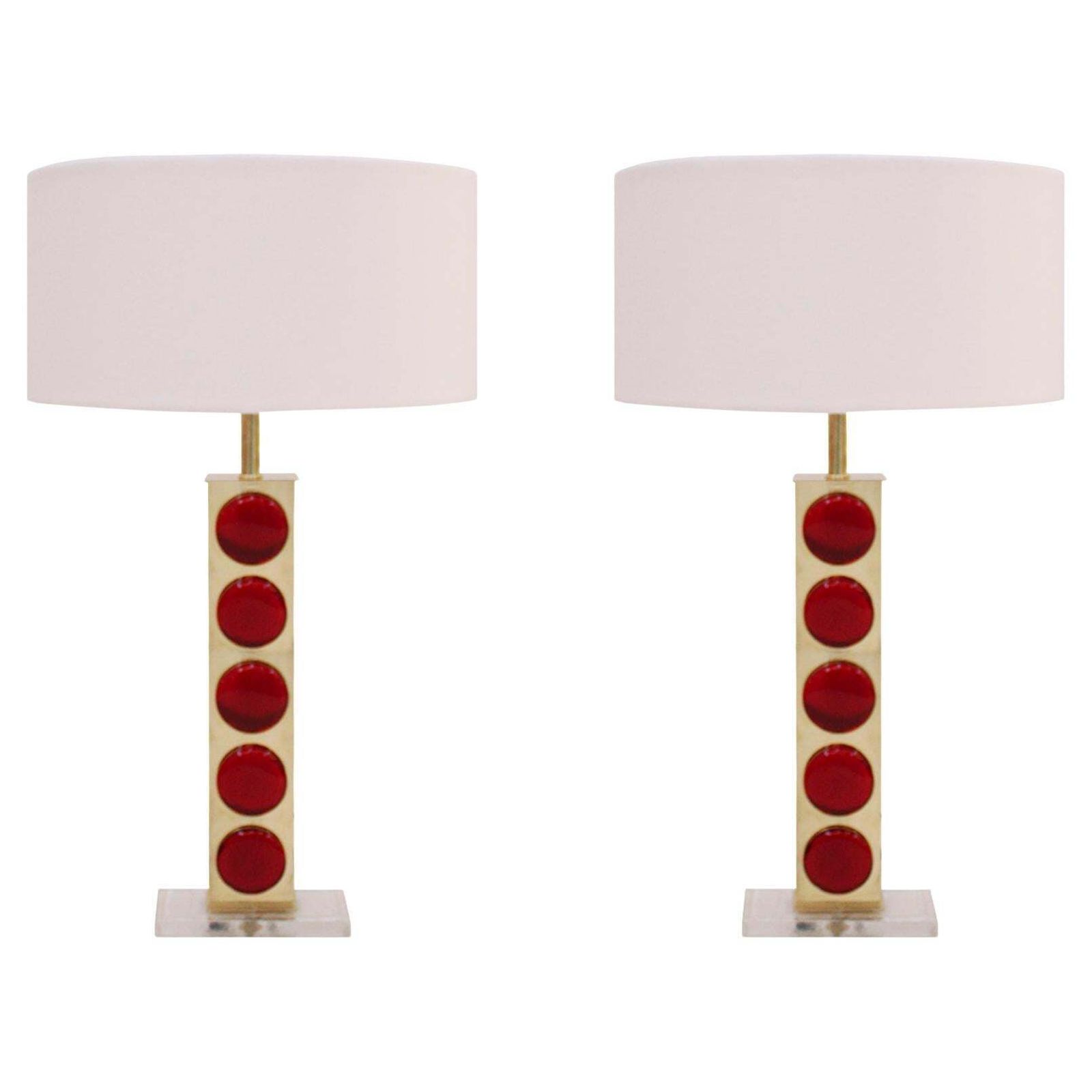 Pair Of Italian Table Lamps With Brass Structure And Red Murano Circular Glasses