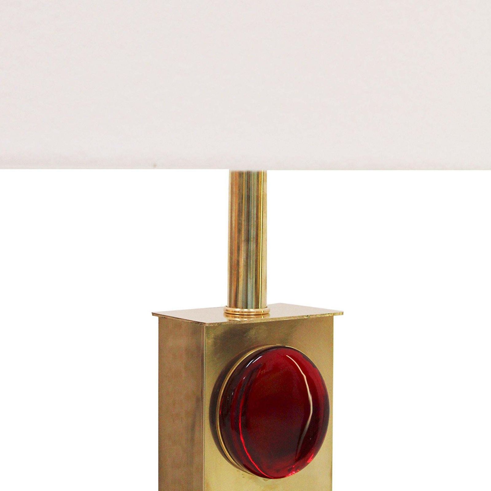 Pair Of Italian Table Lamps With Brass Structure And Red Murano Circular Glasses photo for sale
