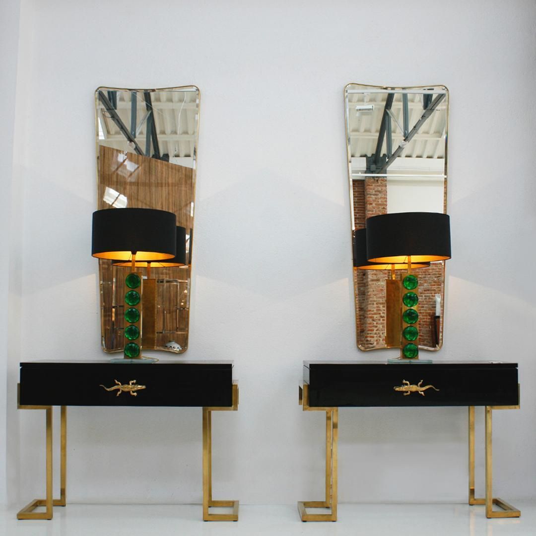 Pair Of Brass Table Lamps With Green Murano Glass Italy photo vinterior