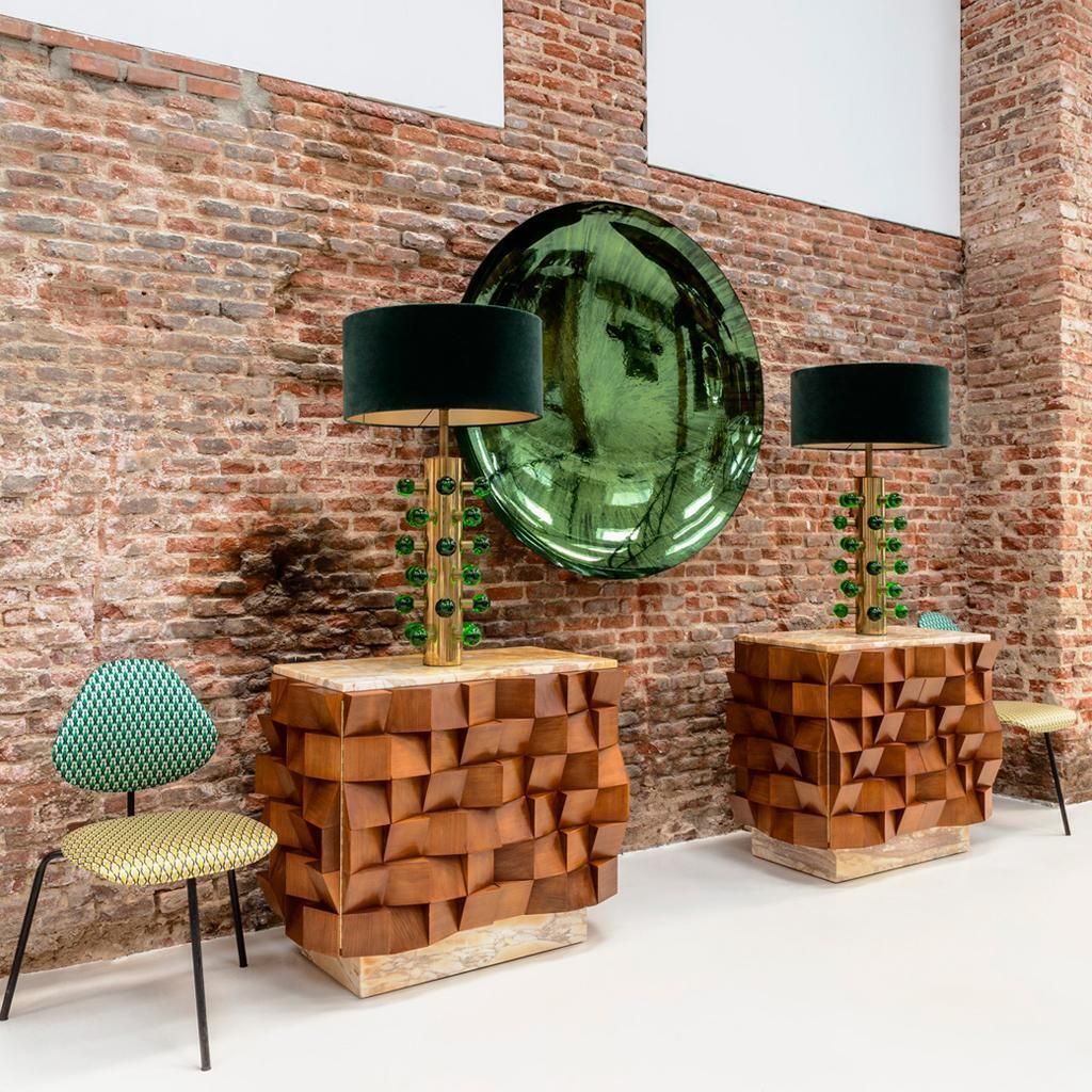 In The Style Of Midcentury Green Murano Glass And Brass Base Italian Table Lamps photo 3400.0