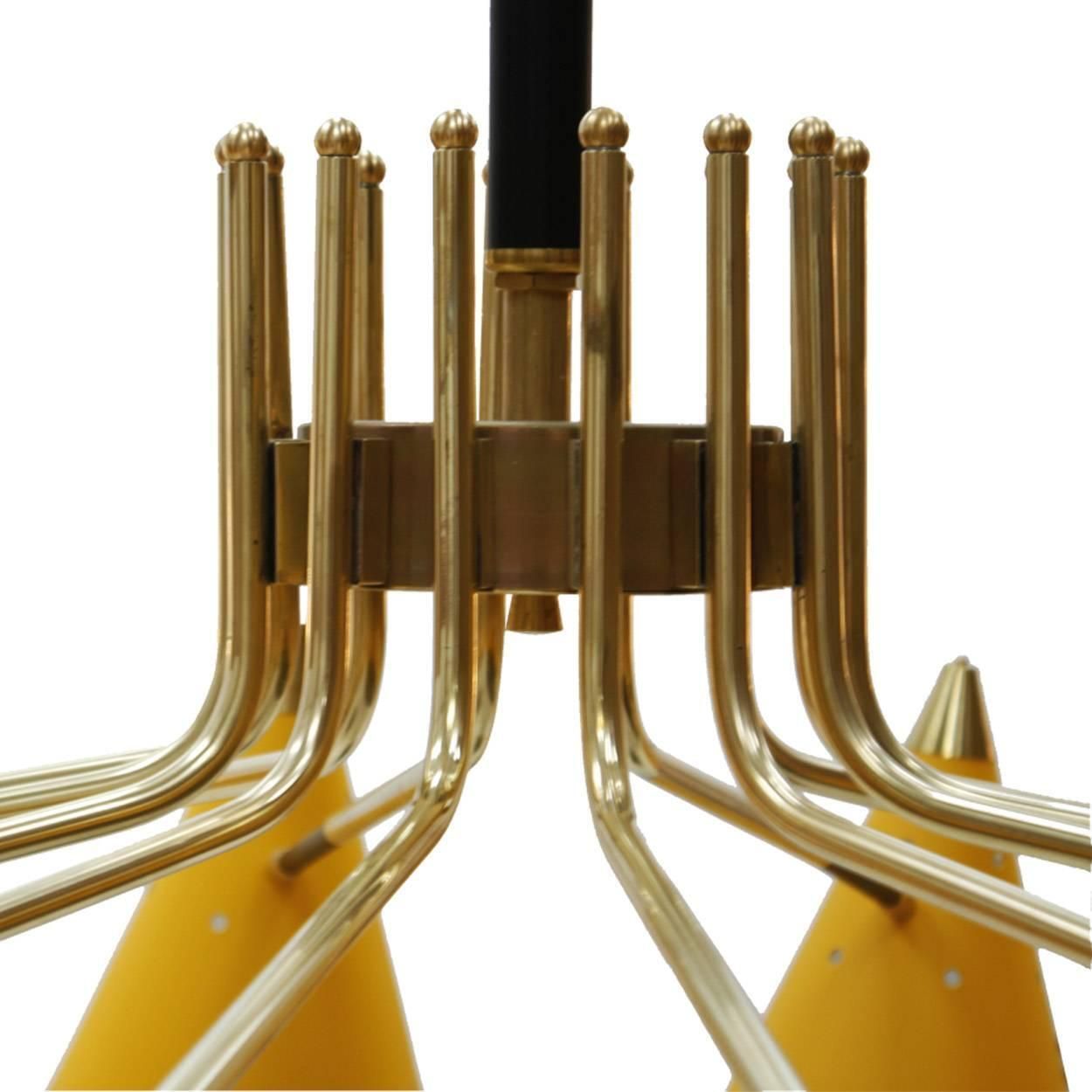 Mid Century Modern Italian Yellow Lacquered Metal And Brass Pendant Lamp photo Lighting