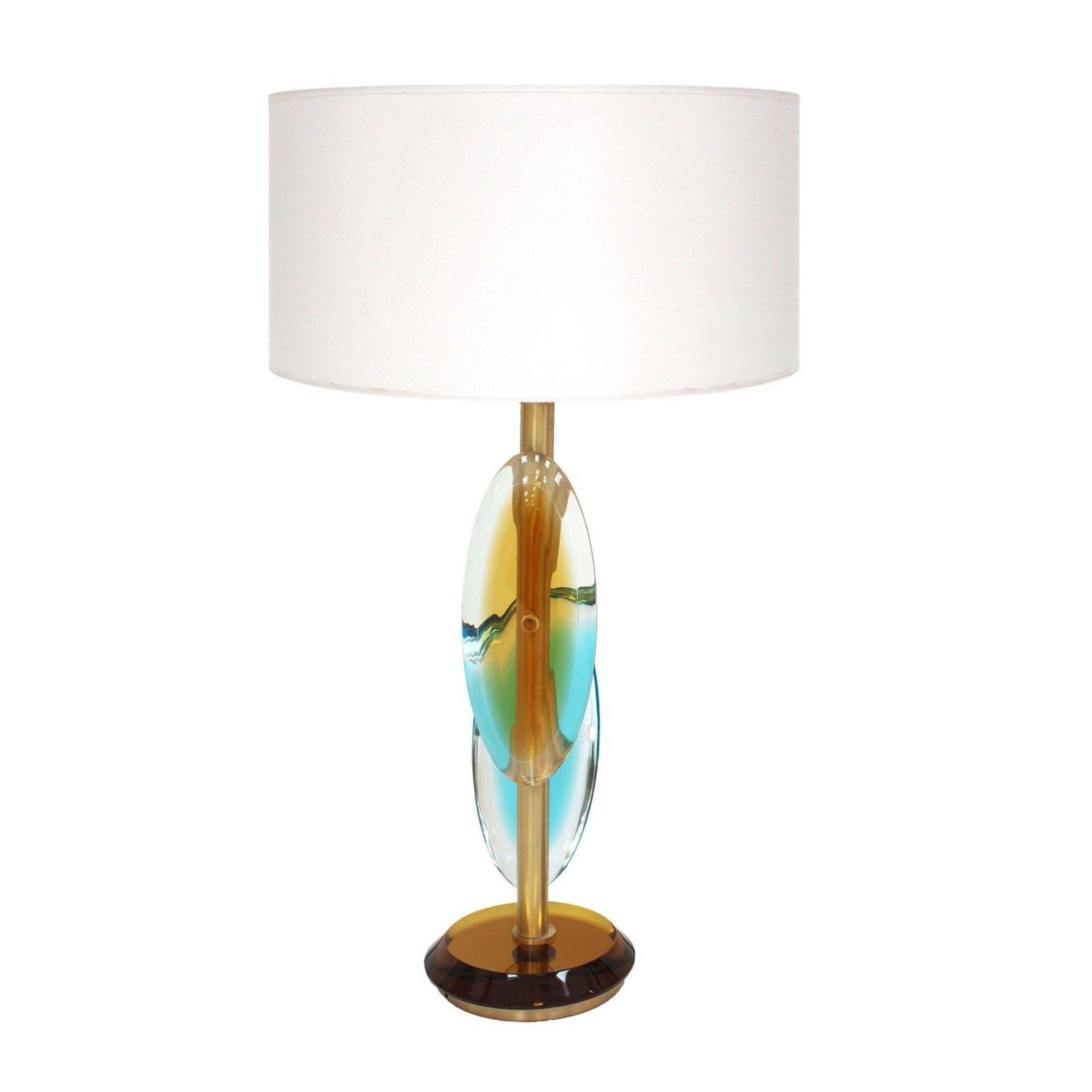 Pair Of Contemporary Murano Glass Lamps With A Brass Structure, Made In Italy photo for sale