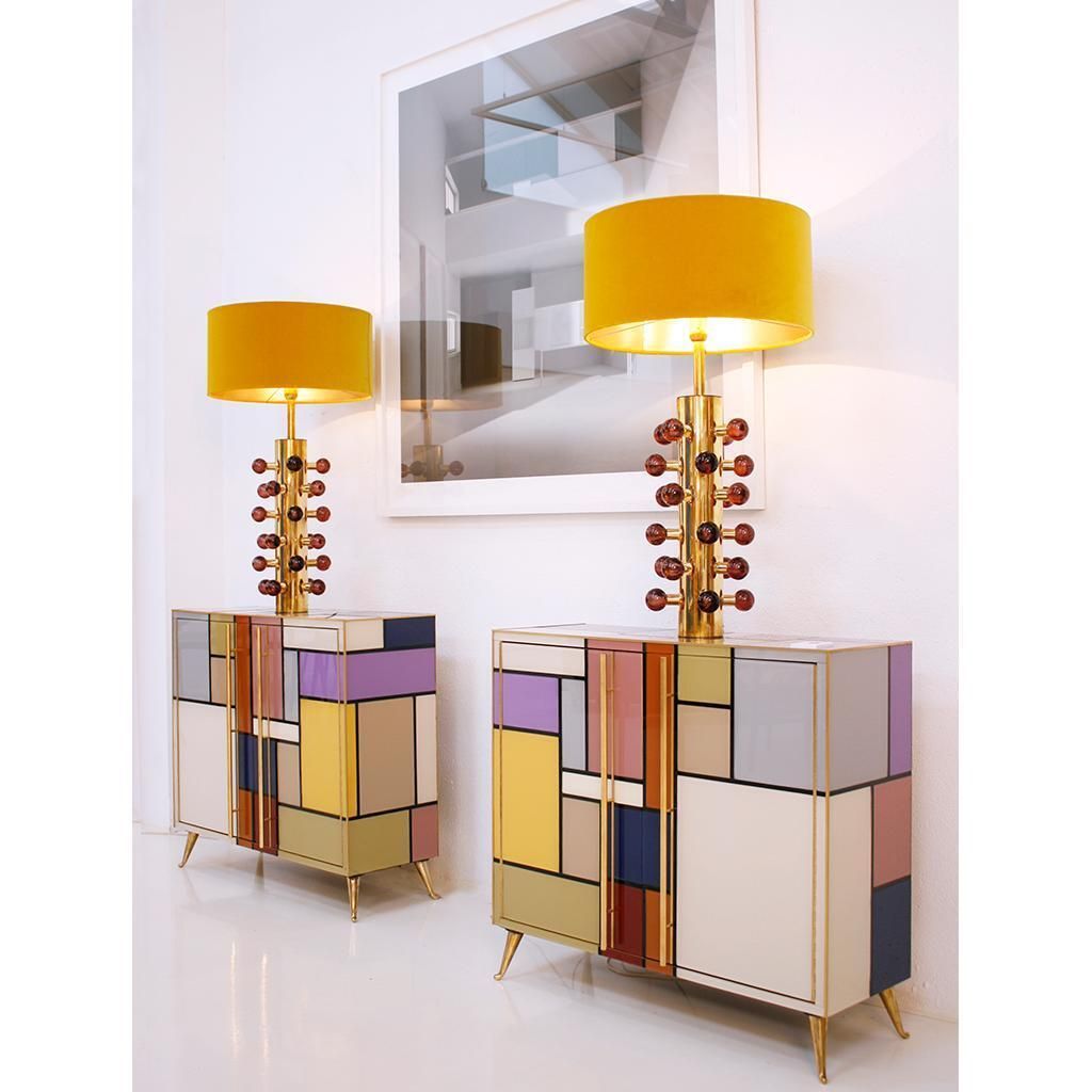 Mid Century Modern Style Pair Of Brass And Burgundy Murano Glass Table Lamps photo vintage