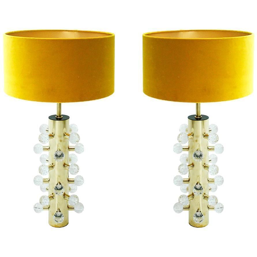 Mid Century Modern Pair Of Sculptural Clear Murano Glassand Brass Table Lamps