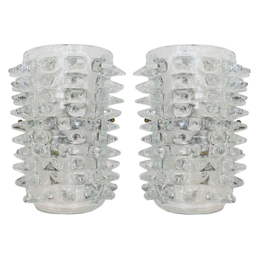 Mid Century Modern Pair Of Rostrati Murano Glass And Brass Italian Sconces