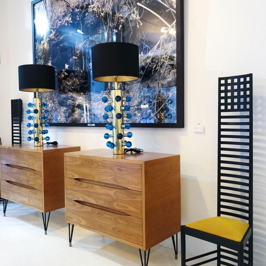 Mid Century Modern Style Pair Of Brass And Blue Murano Glass Italian Table Lamps photo vintage