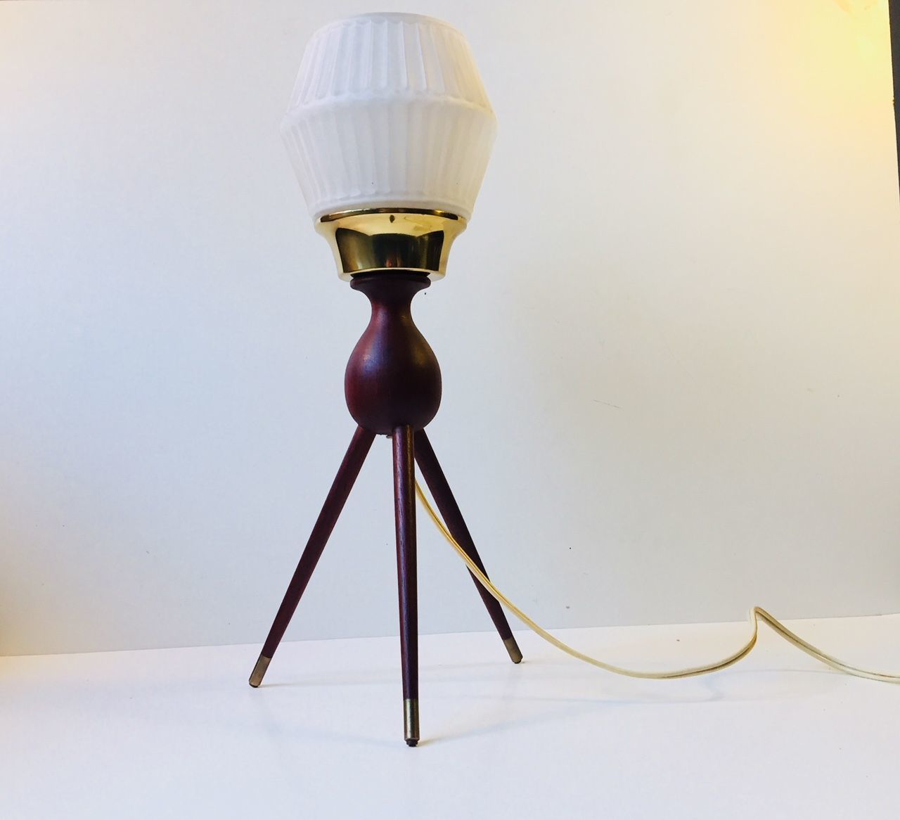 Mid Century Danish Tripod Table Lamp In Teak, Brass & Glass, 1950s