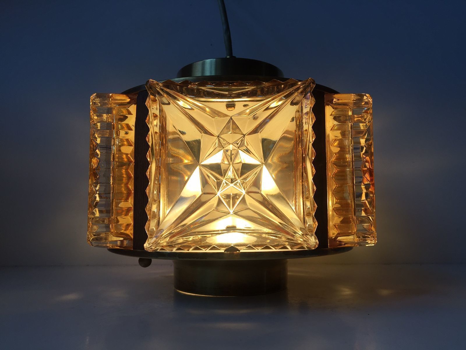 Mid Century Danish Glass, Rosewood, And Brass Pendant Lamp From Vitrika, 1960s