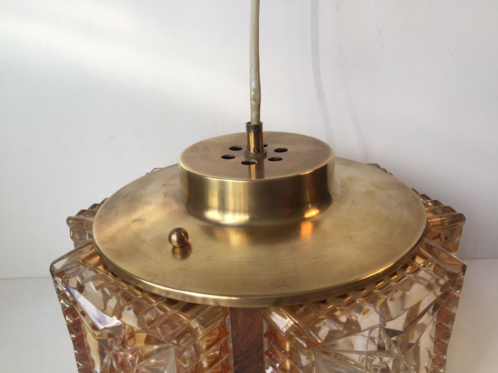 Mid Century Danish Glass, Rosewood, And Brass Pendant Lamp From Vitrika, 1960s photo for sale