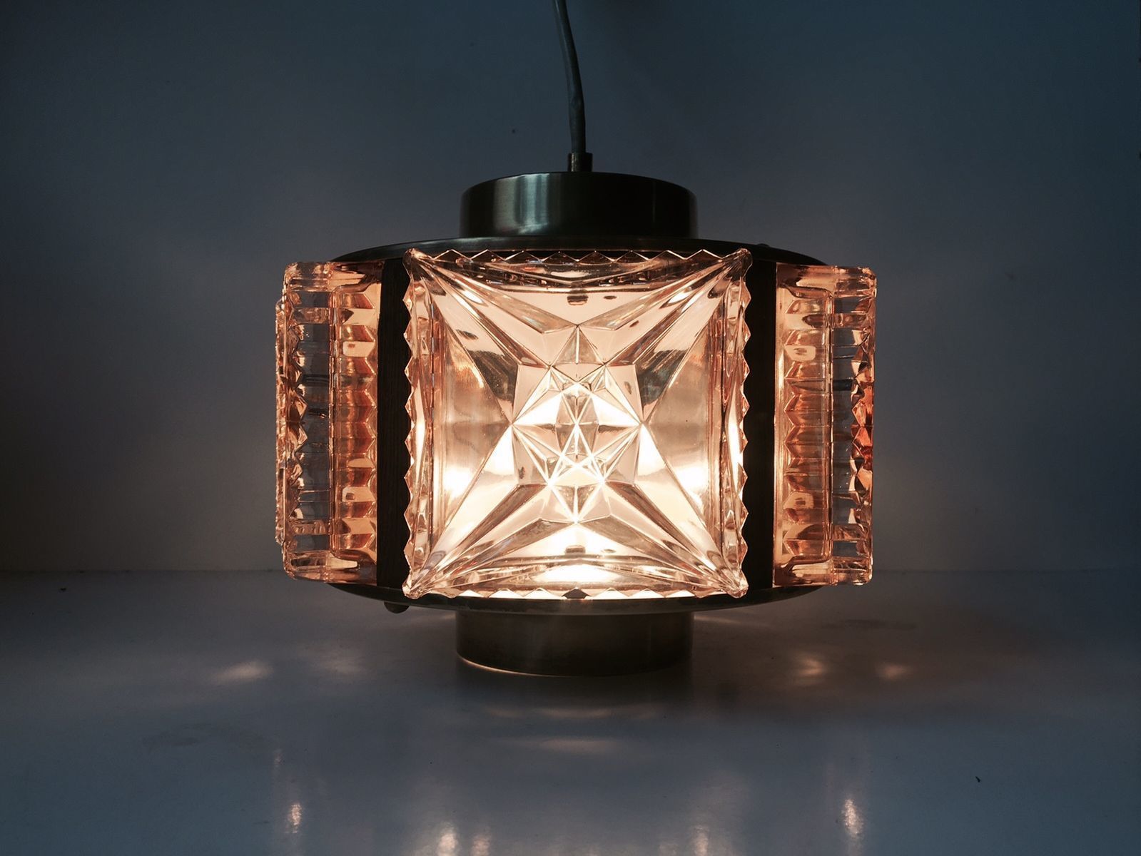 Mid Century Danish Glass, Rosewood, And Brass Pendant Lamp From Vitrika, 1960s photo vintage