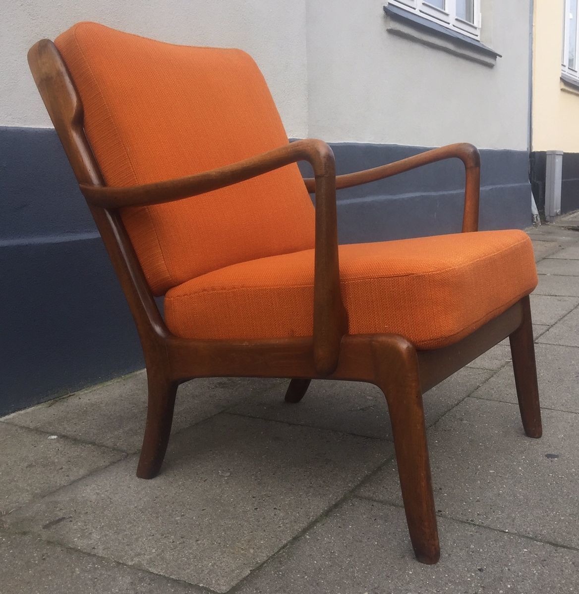 Furniture Mid Century Danish Stained Oak Orange Easy Chair By Ole Wanscher For France & Daverkosen, 1950s photo