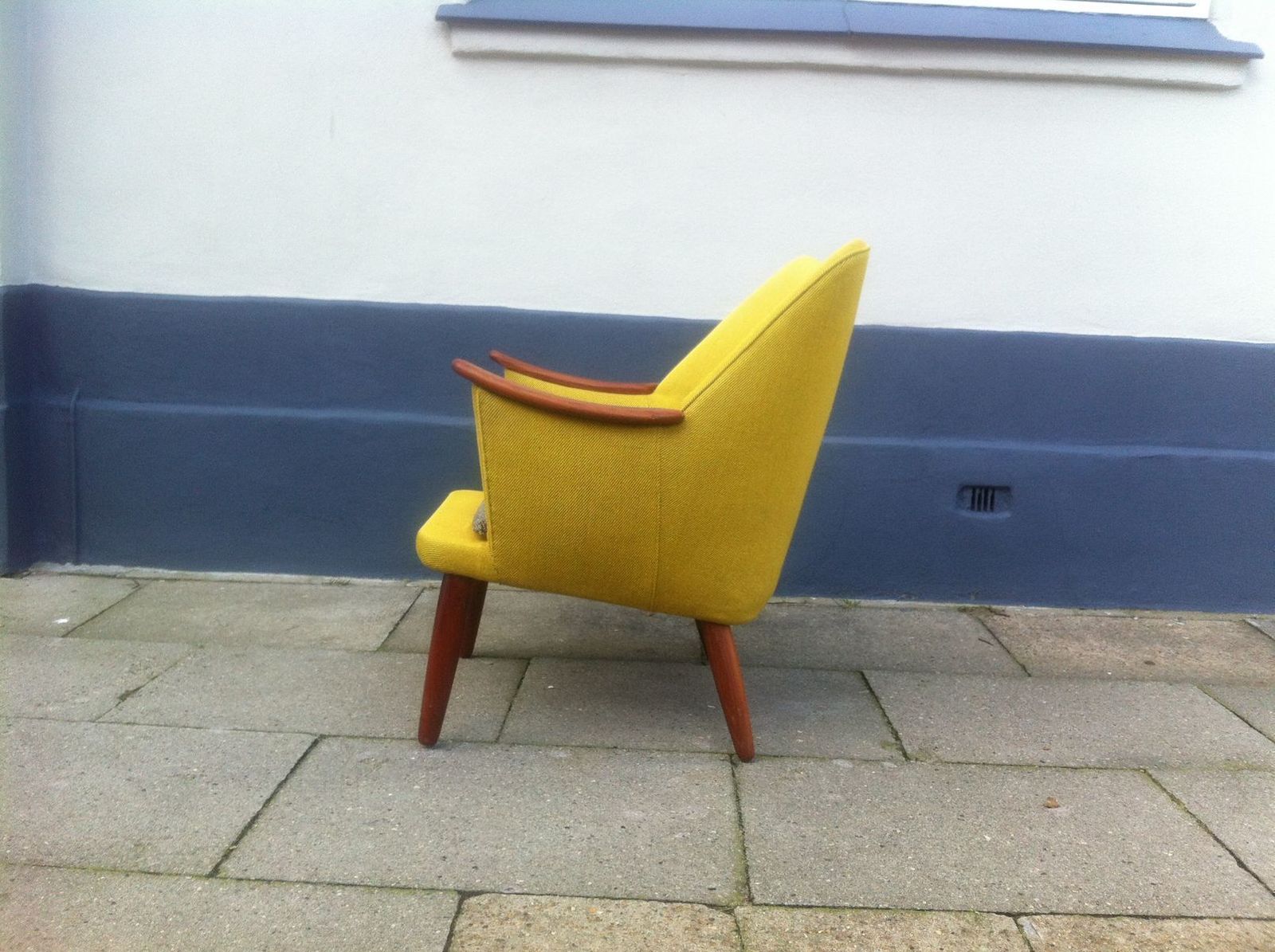 Danish Mid Century Modern Easy Chair In Yellow Wool With Teak Accents, 1950s photo 1346.0
