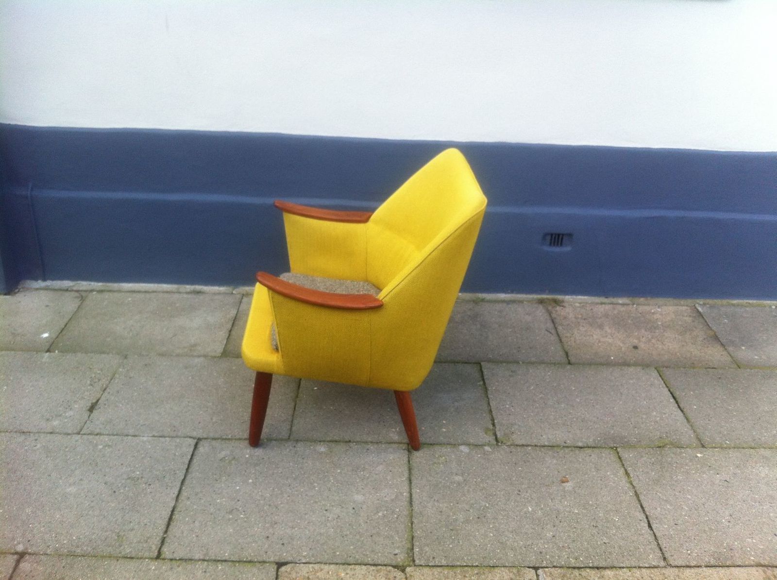 Danish Mid Century Modern Easy Chair In Yellow Wool With Teak Accents, 1950s photo vinterior
