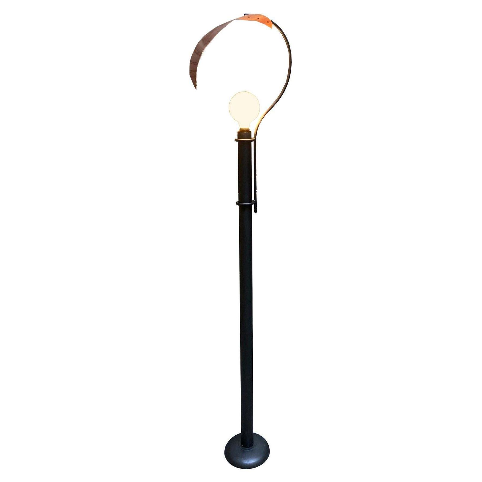 Floor Lamp In Black Painted Metal And Large Copper Leaf, Italy, 1980s