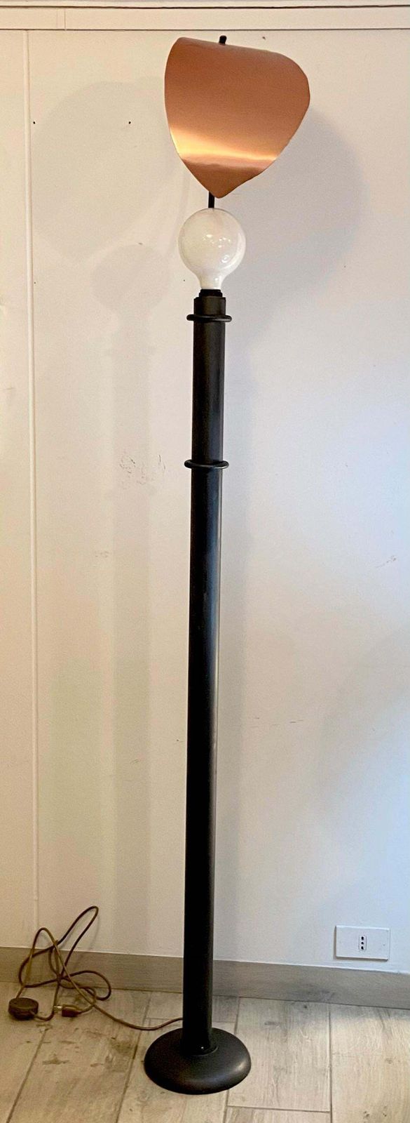 Floor Lamp In Black Painted Metal And Large Copper Leaf, Italy, 1980s photo for sale