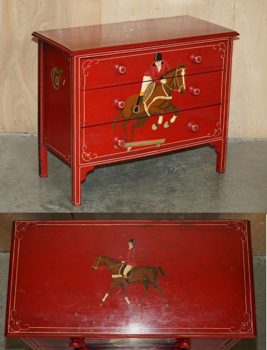 Equestrian Antique Victorian Pine Hand Painted Horse & Jockey Chest Of Drawers