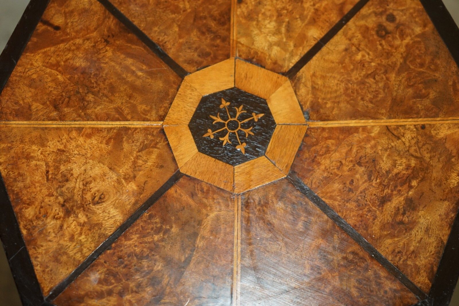 Exquisite Antique Victorian Hexagonal Burr Walnut Three Tiered Side End Table photo vinterior