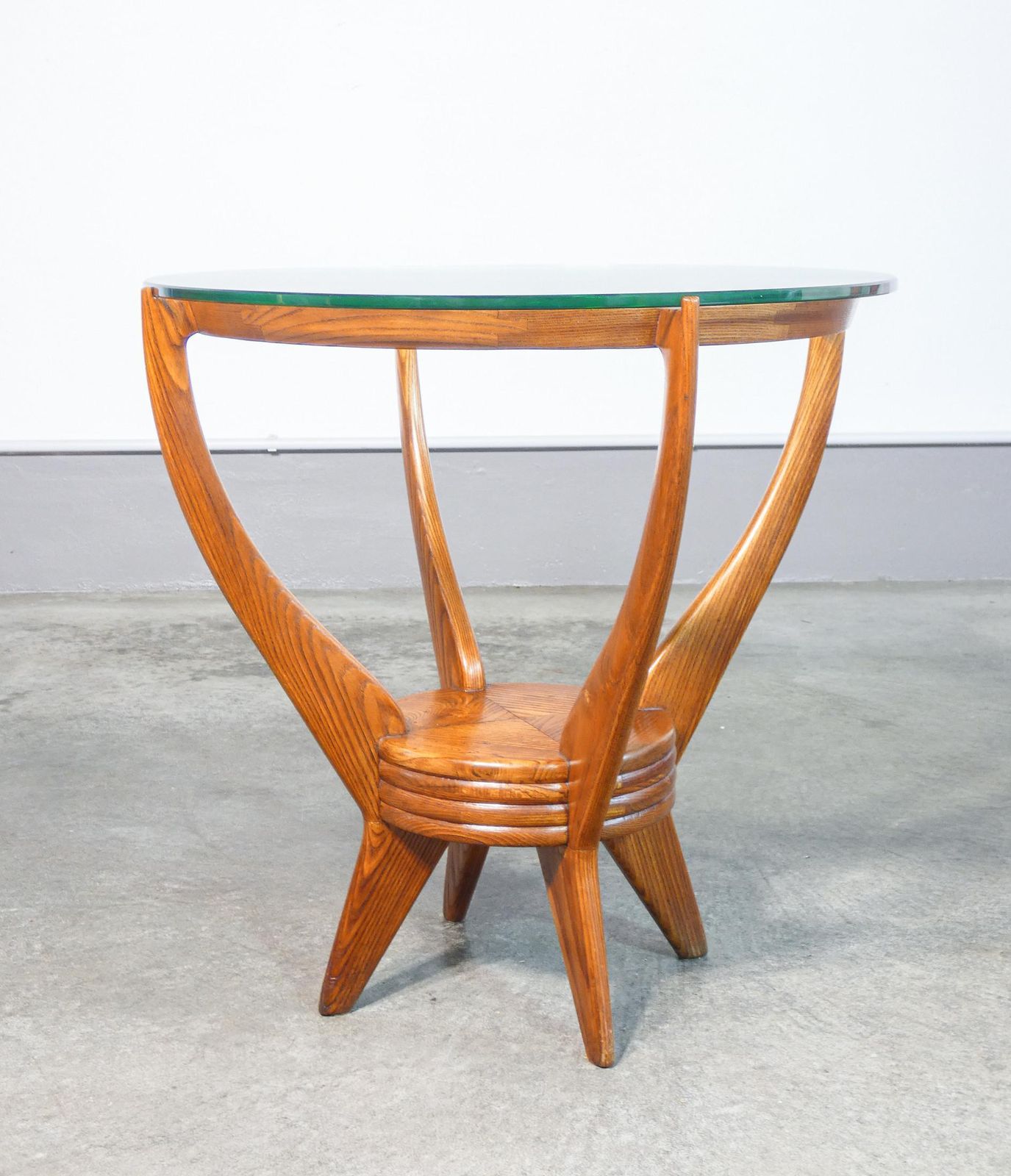 Italian Design Coffee Table From 1940s, Made Of Wood And Circular Glass Top photo vinterior
