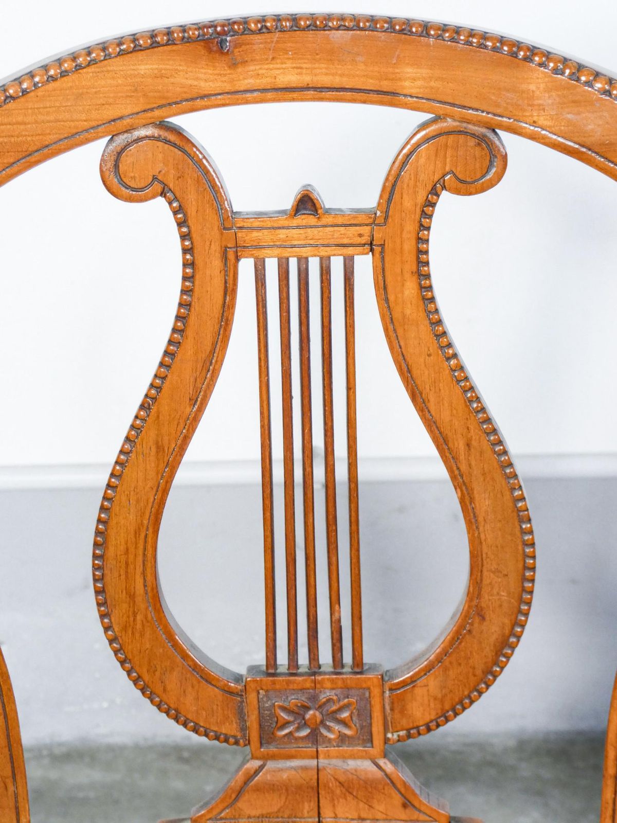 Pair Of Cherry Wood Chairs With Lyre Shaped Back And Straw Seat, Early 20th photo vinterior