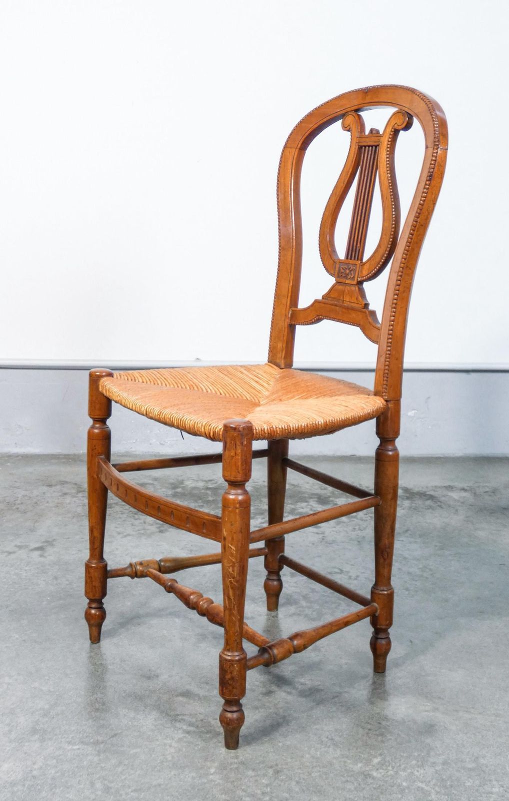 Pair Of Cherry Wood Chairs With Lyre Shaped Back And Straw Seat, Early 20th photo vintage