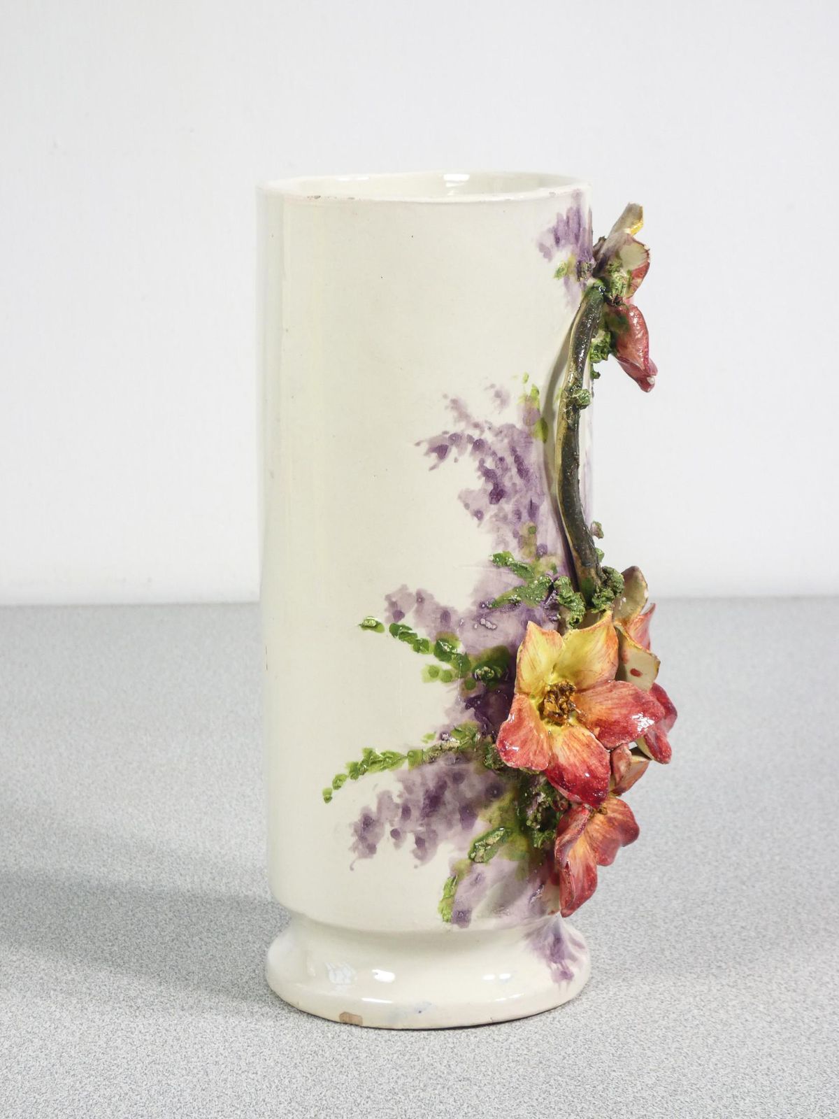 Pair Of Barbotine Ceramic Vases, Decorated With Flowers And Leaves. France, 1930s photo 307.0