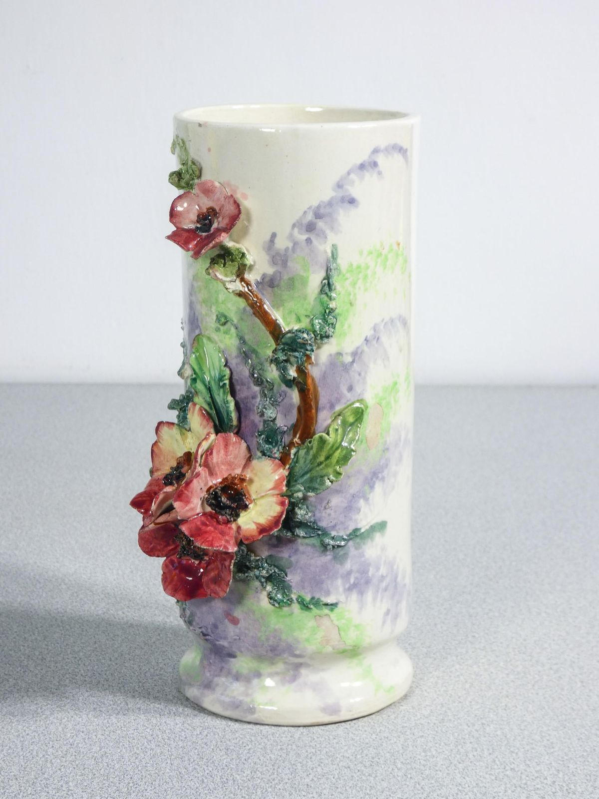 Pair Of Barbotine Ceramic Vases, Decorated With Flowers And Leaves. France, 1930s photo vintage