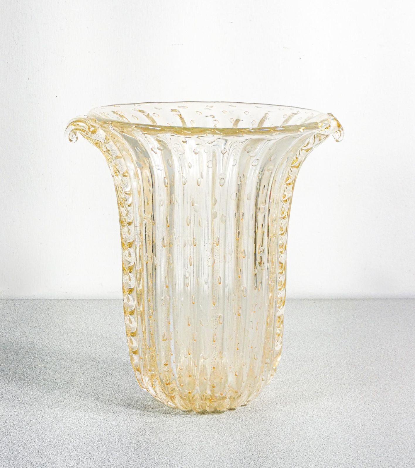 Toso Murano Design Vase, Transparent Blown Glass Bullicant, Corded photo furniture