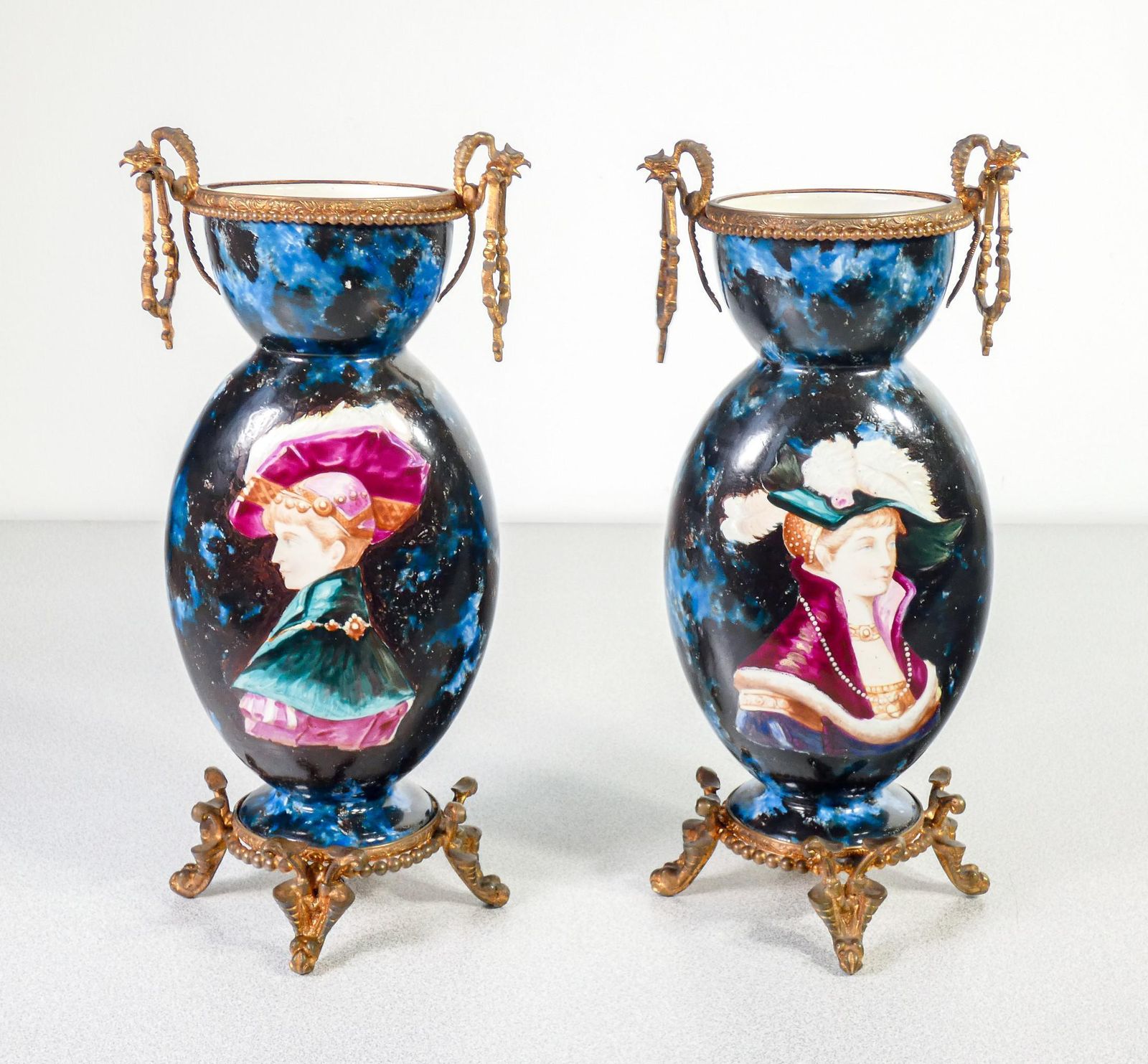 Pair Of Glazed And Hand Painted Ceramic And Bronze Vases. Late 19th Century photo furniture