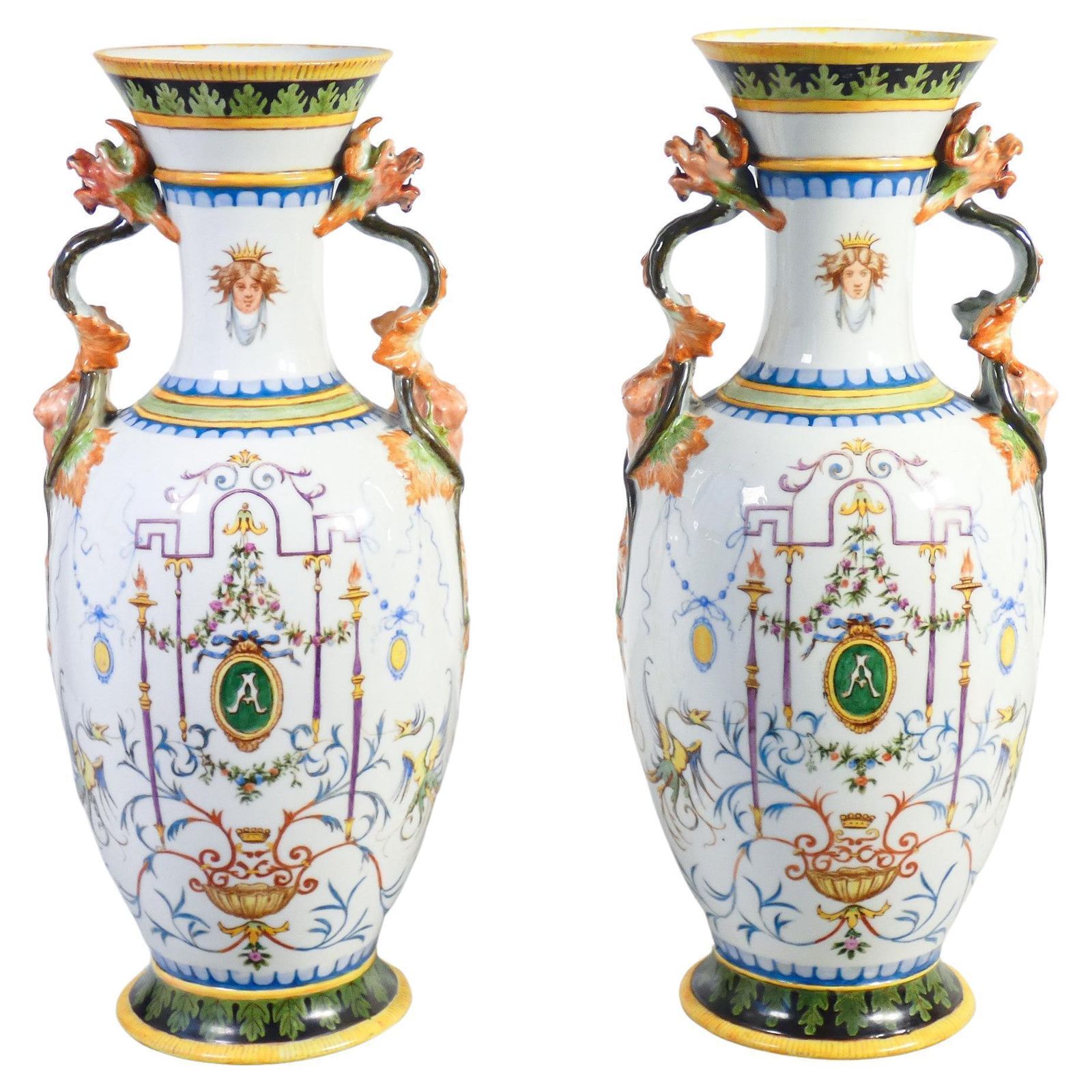 Pair Of Painted Ceramic Vases With Grotesques, Carvings On Handles. 1887