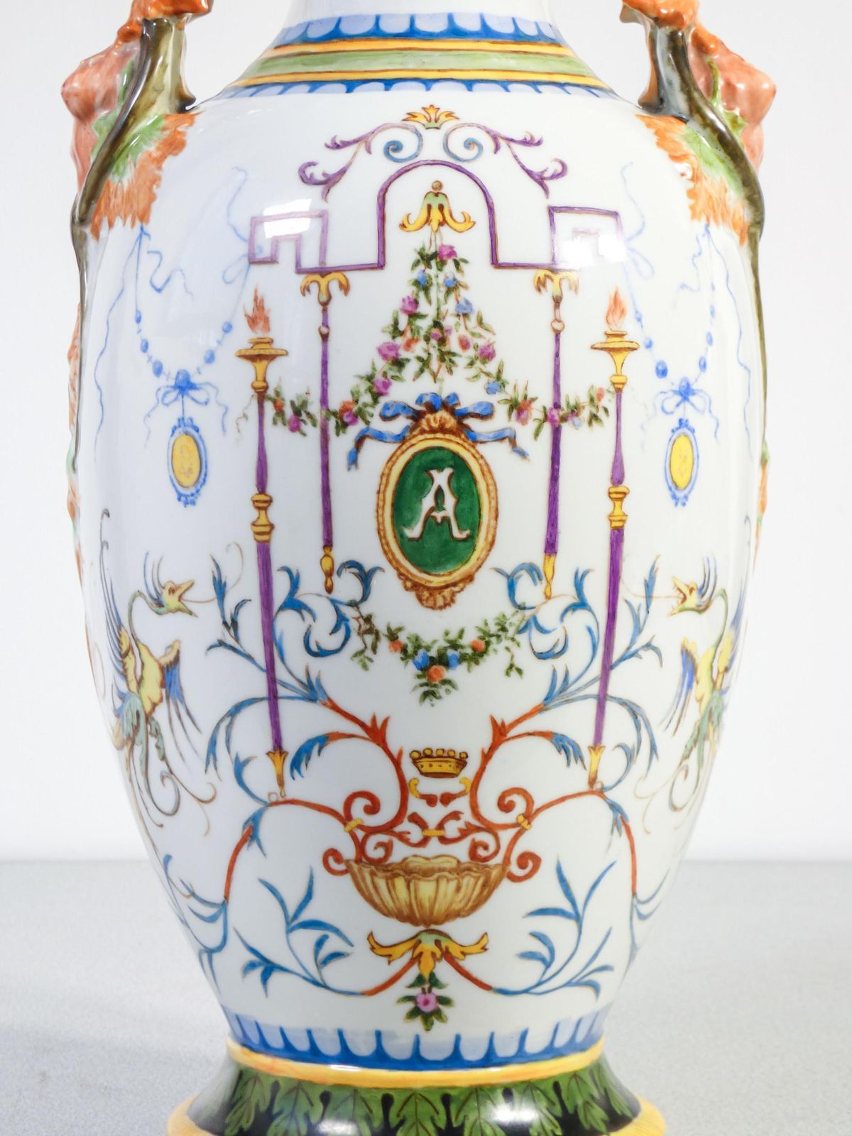 Pair Of Painted Ceramic Vases With Grotesques, Carvings On Handles. 1887 photo 1150.0
