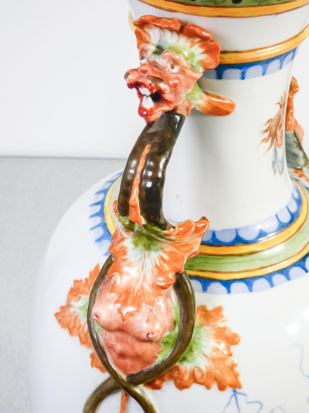 Pair Of Painted Ceramic Vases With Grotesques, Carvings On Handles. 1887 photo vintage