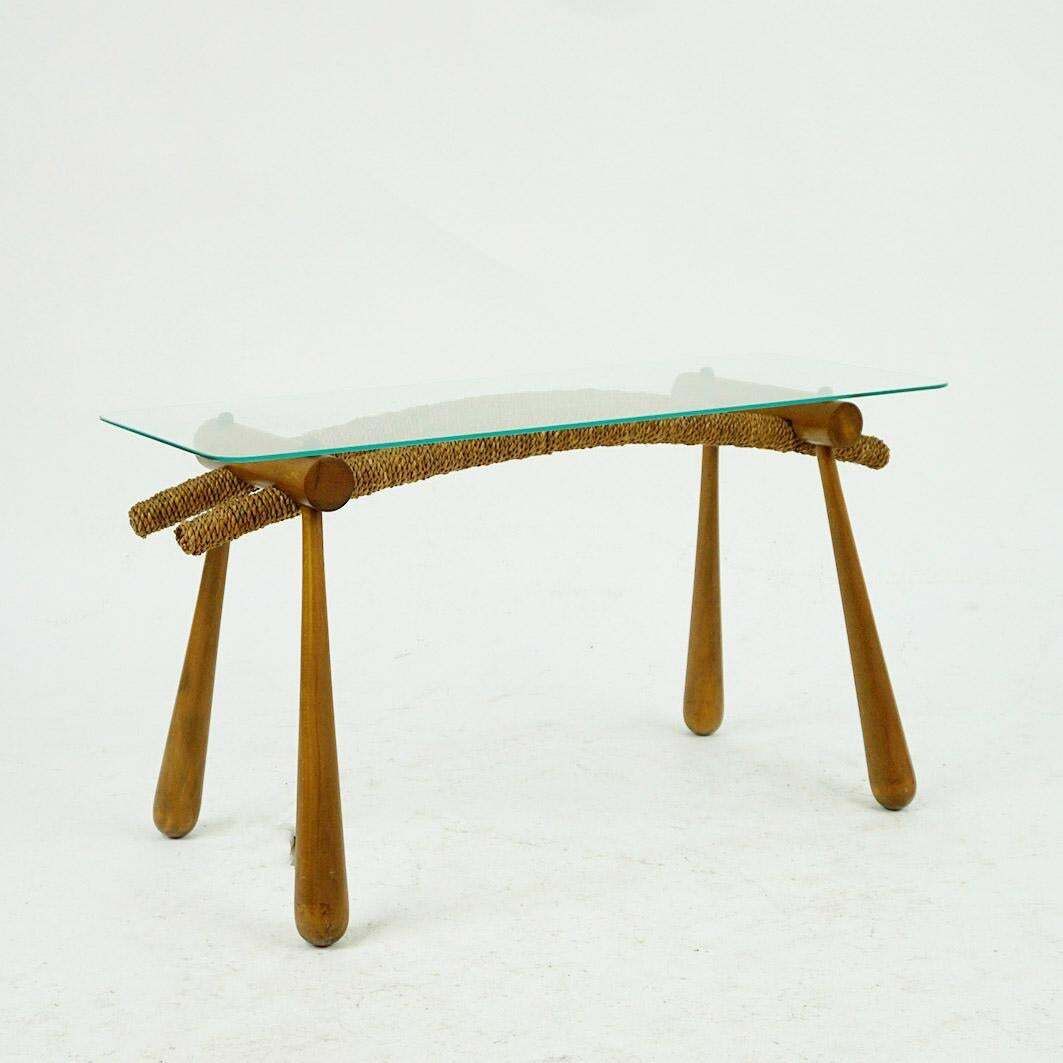 Austrian Midcentury Beechwood Side Table With Cord And Glass Top By Max Kment photo for sale