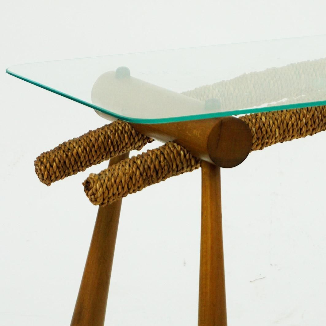Austrian Midcentury Beechwood Side Table With Cord And Glass Top By Max Kment photo 1449.0
