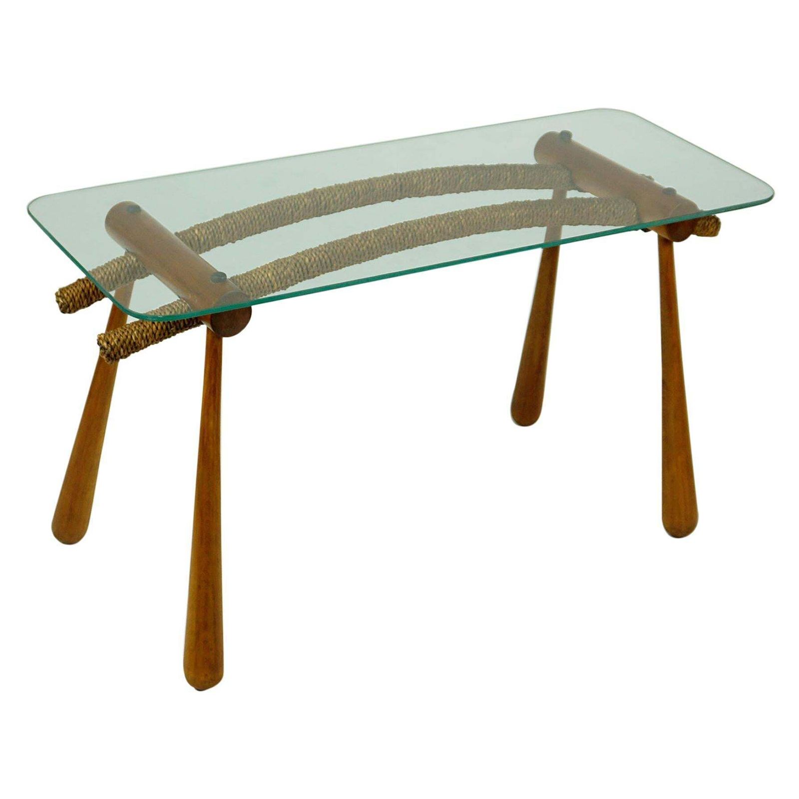 Austrian Midcentury Beechwood Side Table With Cord And Glass Top By Max Kment