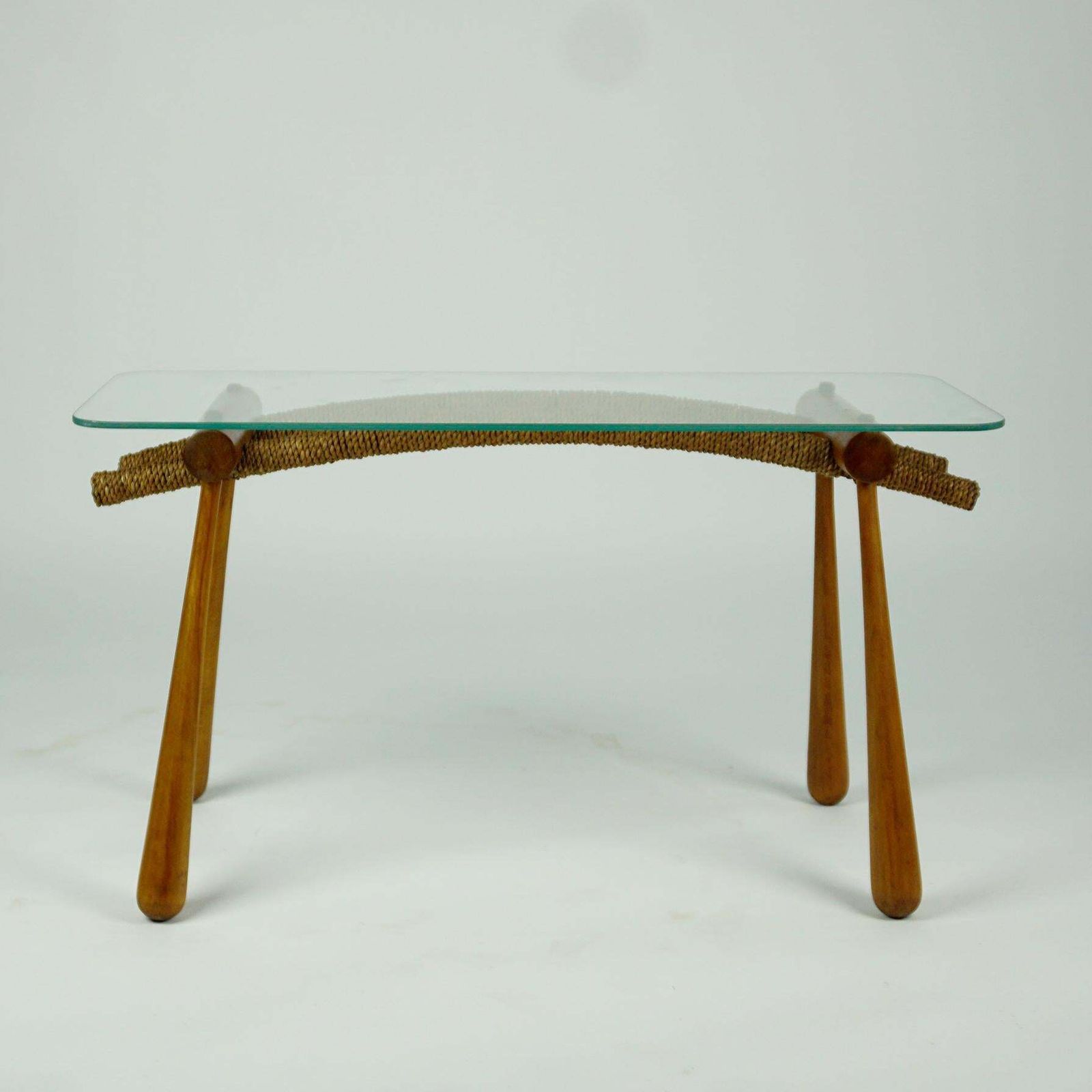 Austrian Midcentury Beechwood Side Table With Cord And Glass Top By Max Kment photo furniture