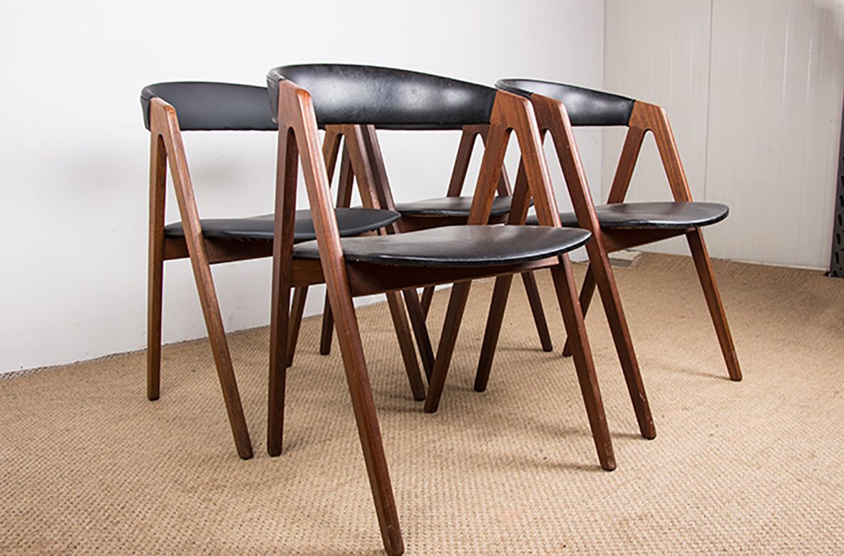 Set Of 4 Danish Chairs In Afrormosia And Skai Model 205 By Thomas Harlev For Farstrup Stolefabrik 1958.
