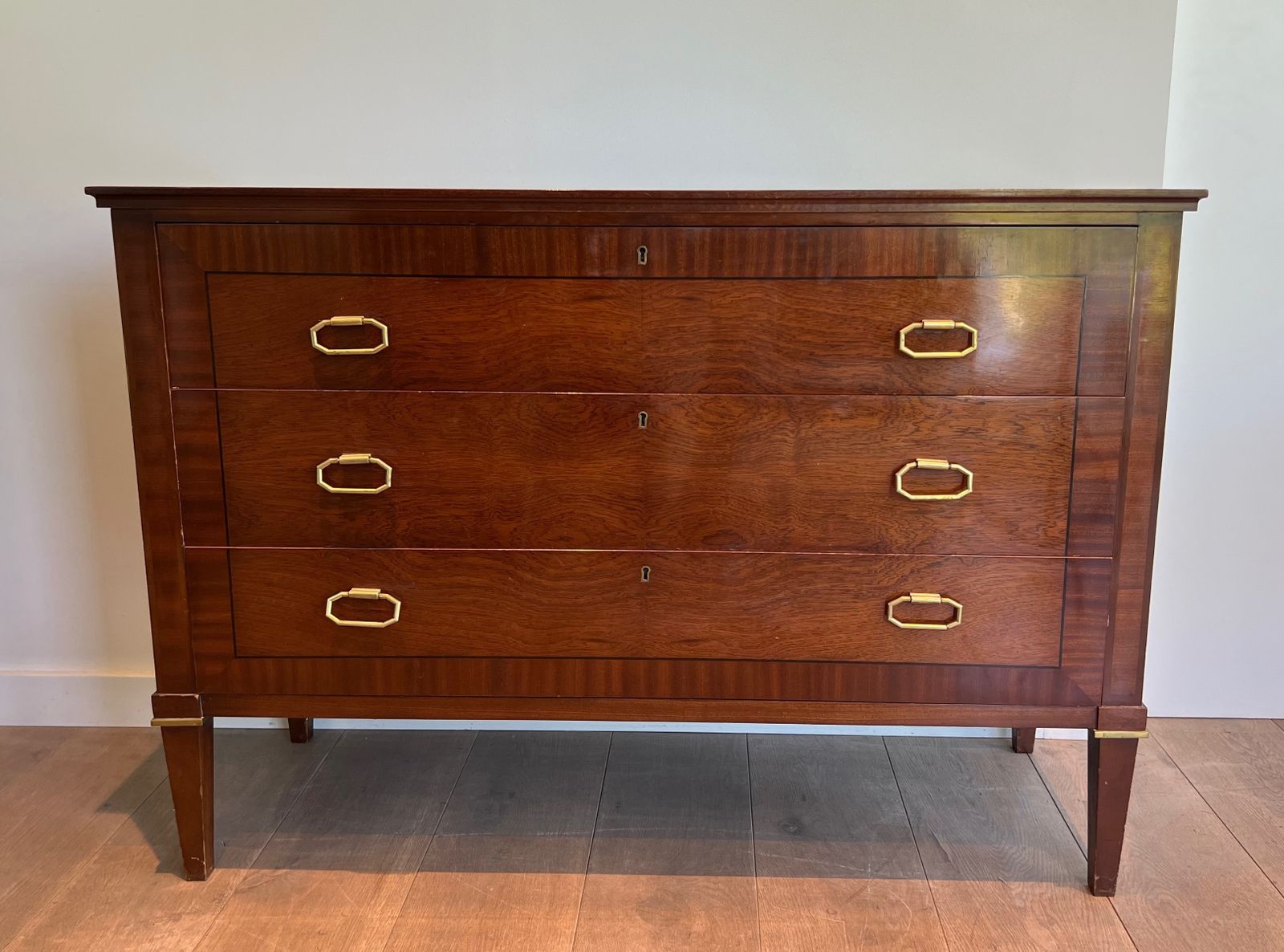 Neoclassical Chest Of Drawers In Mahogany Veneer And Brass By De Coene Frères photo for sale