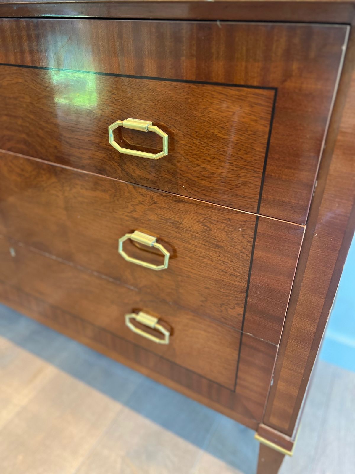photo for sale Neoclassical Chest Of Drawers In Mahogany Veneer And Brass By De Coene Frères