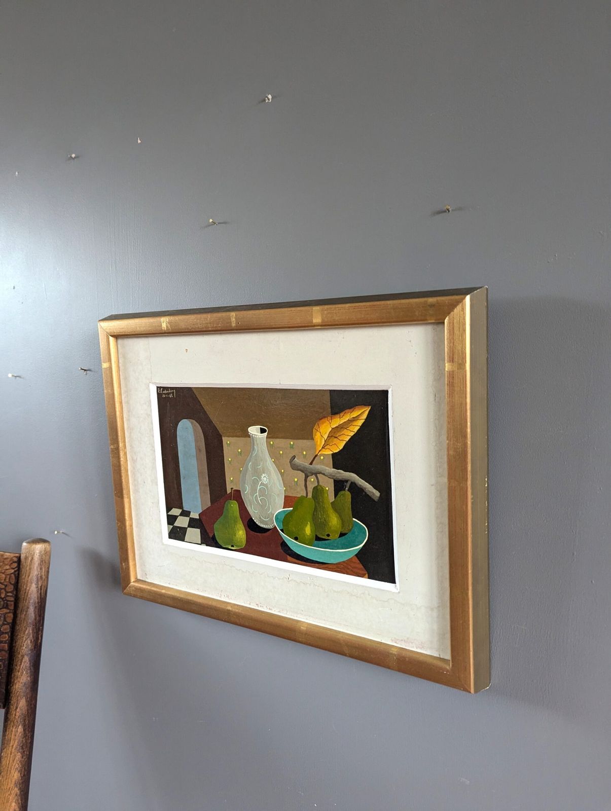 Oil Painting Pears & Glass Vase photo for sale