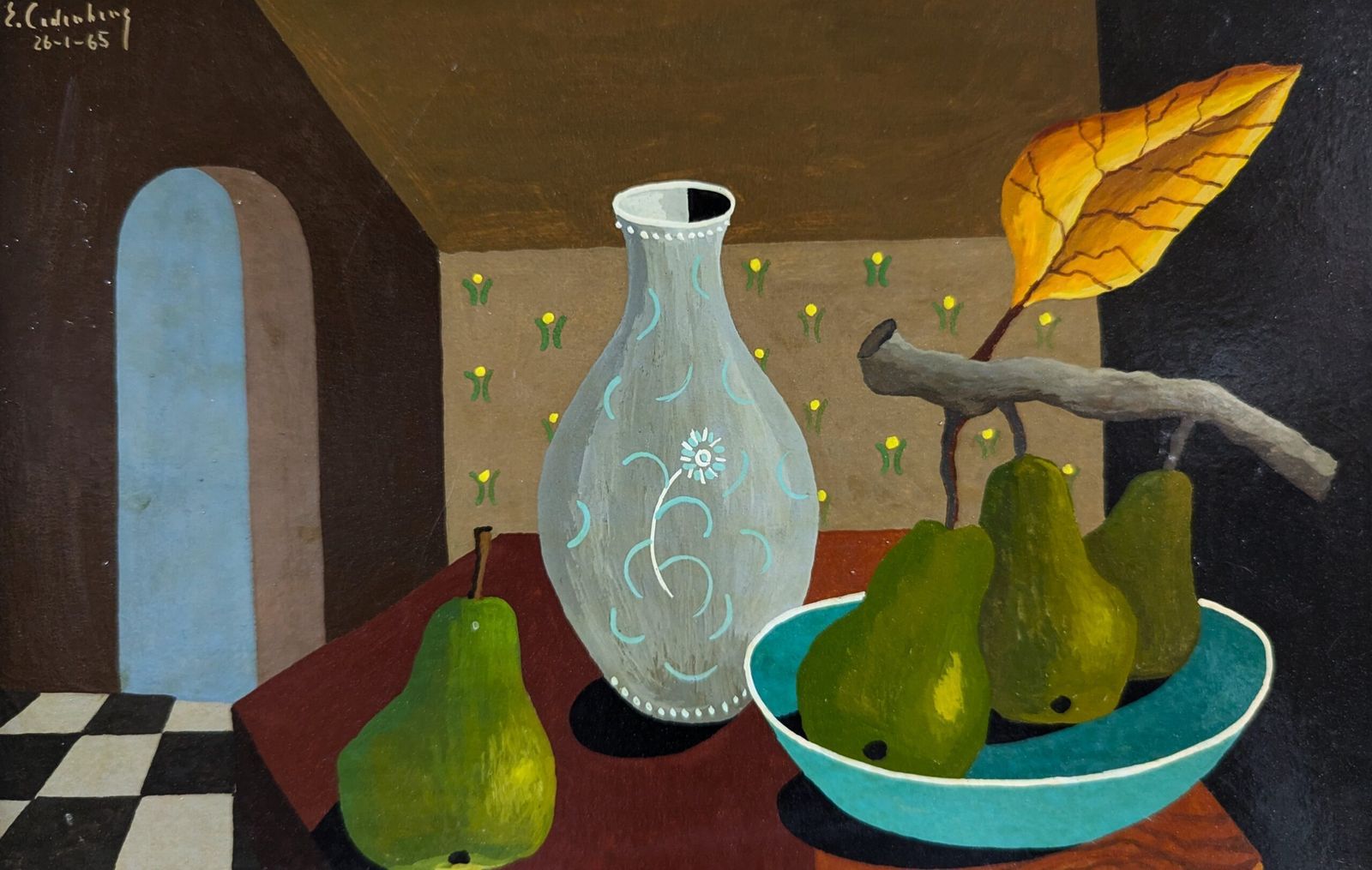 Oil Painting Pears & Glass Vase photo vintage