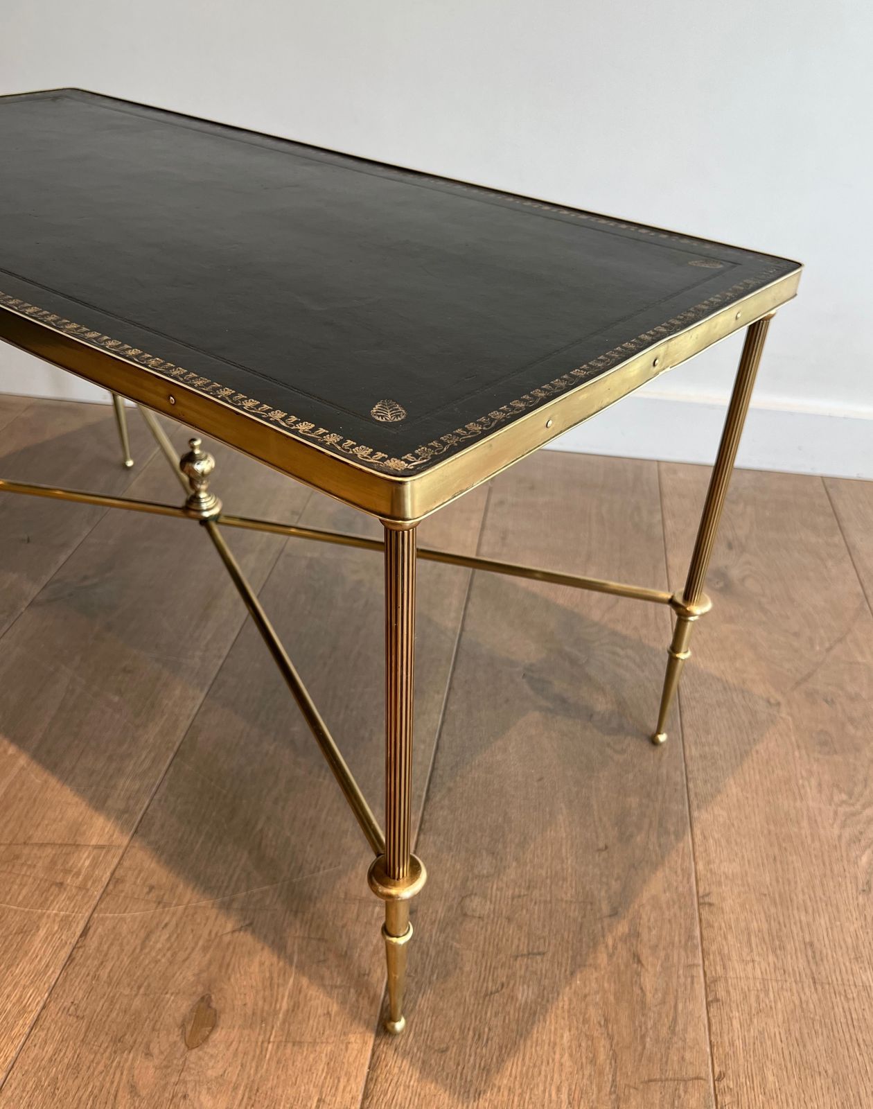 Neoclassical Style Brass Coffee Table With Black Leather Top And Gold Trim From Maison Jansen photo Furniture