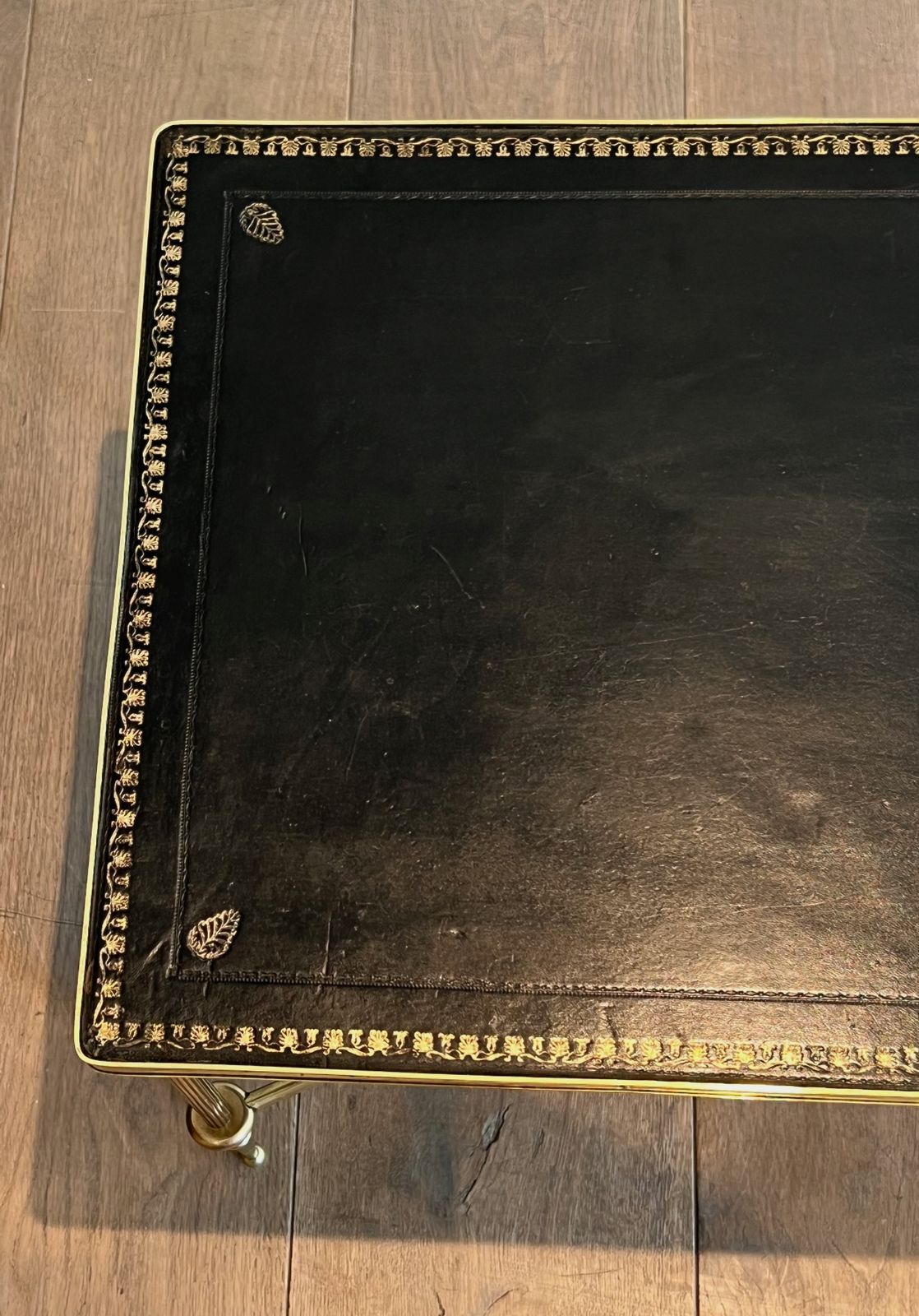 Neoclassical Style Brass Coffee Table With Black Leather Top And Gold Trim From Maison Jansen photo 2850.0