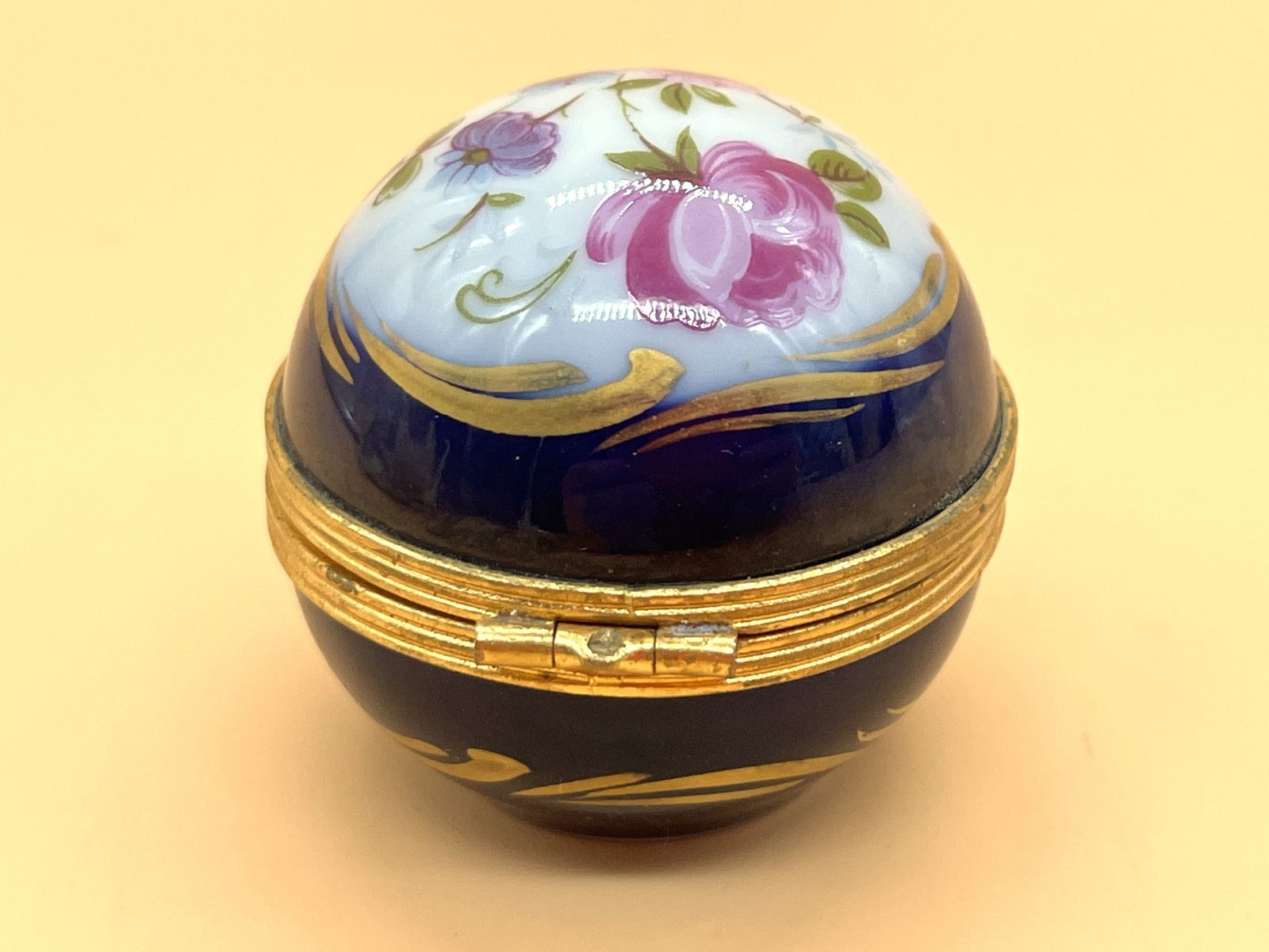 Limoges Porcelain France Small Floral Spherical Box With Internal Glass Perfume Bottle. photo for sale
