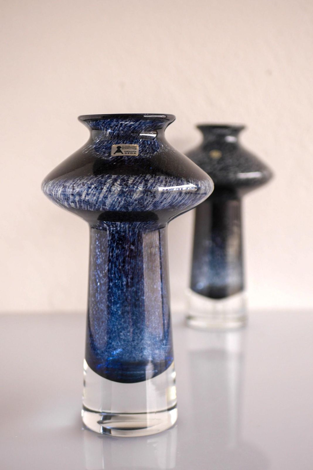 A Pair Of Blue Glass Vases Known As "Oxid" By Bo Borgström For åseda, Sweden photo for sale