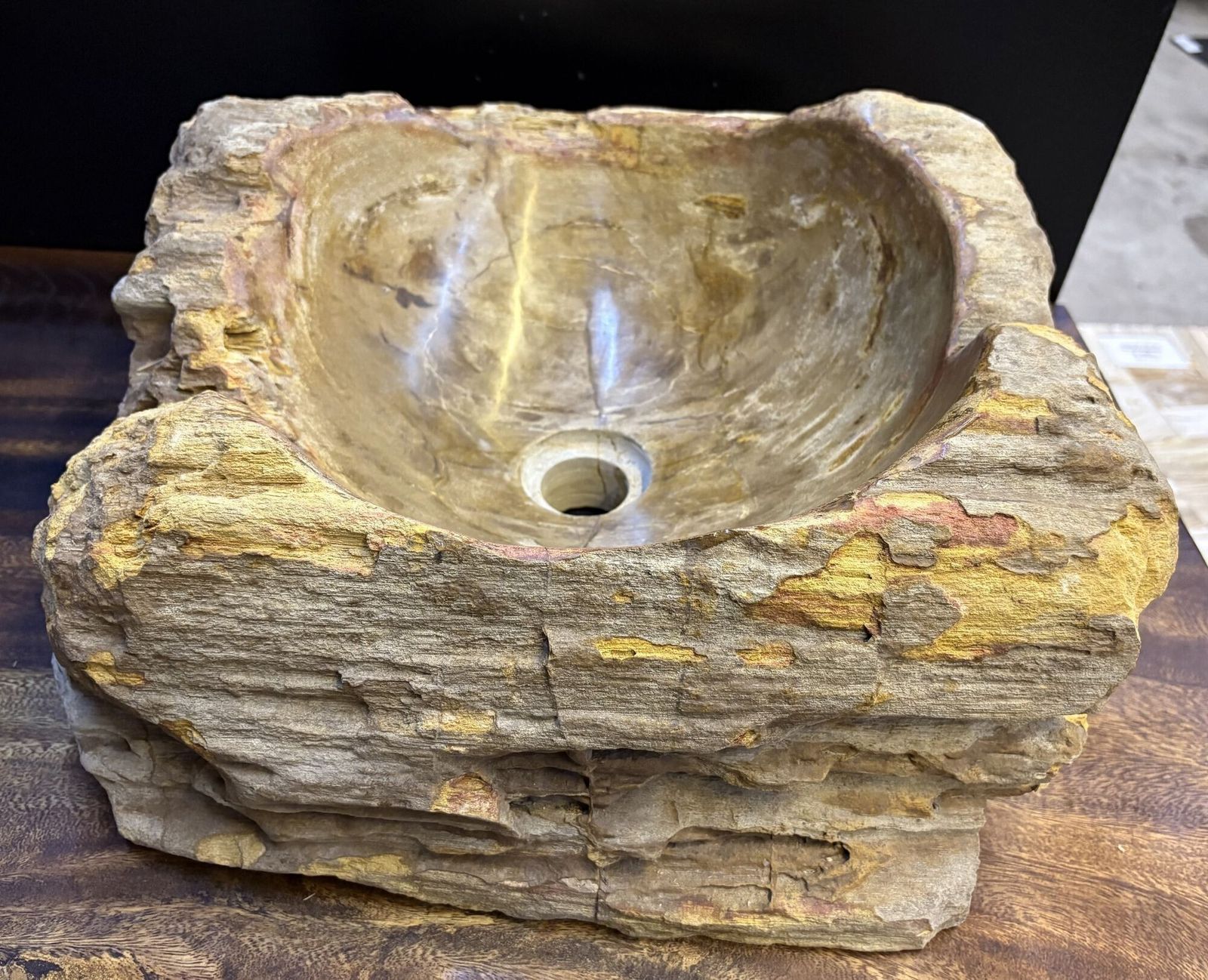 Modern Organic Petrified Wood Single Sink, Grey/ Brown & Yellow Tones, Idn 2024 photo furniture