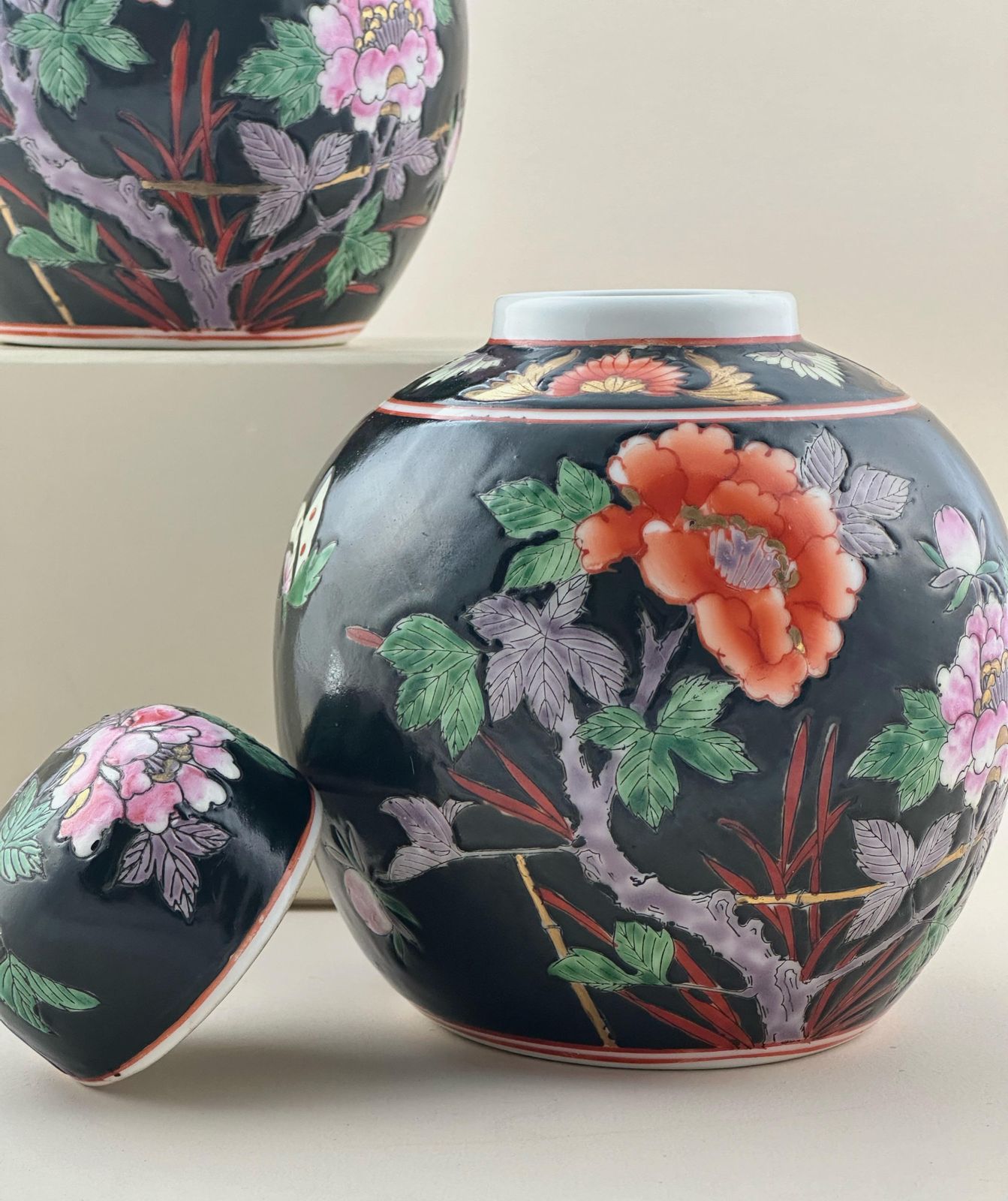 Pair Of Chinese Ginger Jars, Famille Noire Style, Peony Design, C. 1960s photo furniture